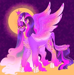 Size: 1981x2017 | Tagged: safe, artist:rare-apples, derpibooru import, twilight sparkle, twilight sparkle (alicorn), alicorn, pony, g4, 2d, collar, digital art, female, glasses, long hair, looking at you, mare, ponytail, smiling, solo, spread wings, wings