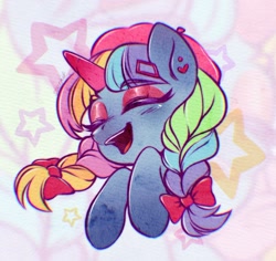 Size: 1280x1209 | Tagged: safe, artist:seurnik, derpibooru import, oc, oc only, unicorn, bow, bust, colored, cute, digital art, eyes closed, female, filly, foal, horn, mare, ponysona, portrait, rainbow, smiling, solo, stars