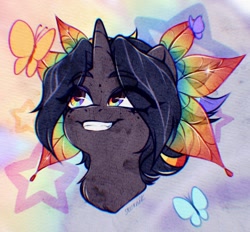 Size: 1280x1186 | Tagged: safe, artist:seurnik, derpibooru import, oc, oc only, butterfly, unicorn, bow, bust, dark hair, dark skin, digital art, female, horn, mare, portrait, rainbow, rainbow eyes, short hair, smiling, solo