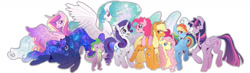 Size: 1400x407 | Tagged: safe, artist:kag-bag, derpibooru import, applejack, fluttershy, pinkie pie, princess cadance, princess celestia, princess luna, rainbow dash, rarity, spike, twilight sparkle, twilight sparkle (alicorn), alicorn, earth pony, pegasus, pony, unicorn, g4, female, hat, horn, mane six, mare, open mouth, simple background