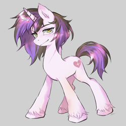 Size: 2048x2048 | Tagged: safe, artist:goldenage2049, derpibooru import, oc, oc:golden age, pony, unicorn, female, gray background, horn, looking at you, mare, simple background, smiling, solo, unicorn oc, unshorn fetlocks