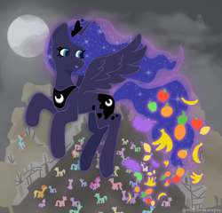 Size: 2000x1920 | Tagged: safe, alternate version, artist:millionyearspony, derpibooru import, applejack, fluttershy, pinkie pie, princess luna, rainbow dash, rarity, twilight sparkle, alicorn, earth pony, ghost, pegasus, pony, undead, unicorn, g4, apple, banana, cloud, concave belly, crowd, female, flying, food, fruit, grapes, horn, house, lemon, mane six, mare, moon, night, orange, pineapple, slender, smiling, sparkles, thin