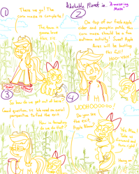 Size: 4779x6013 | Tagged: safe, artist:adorkabletwilightandfriends, derpibooru import, apple bloom, applejack, comic:adorkable twilight and friends, g4, adorabloom, adorkable friends, autumn, bow, cloud, comic, corn, corn maze, cute, excited, farm, female, field, filly, foal, food, hanging, happy, maze, riding, scythe, silly, slice of life, smiling, stomping, sweet apple acres, working