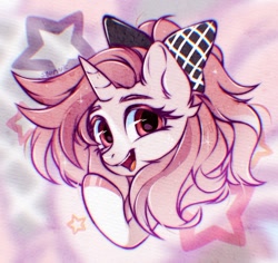 Size: 1280x1209 | Tagged: safe, artist:seurnik, derpibooru import, oc, oc only, unicorn, bow, bust, cute, digital art, fluttershy eyes, horn, pink coat, pink eyes, pink mane, ponytail, portrait, smiling, solo, stars, stylized, wavy mane