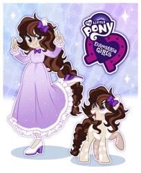 Size: 1280x1566 | Tagged: safe, artist:seurnik, derpibooru import, oc, oc only, oc:femmie, earth pony, human, pony, equestria girls, g4, beige coat, brown hair, brown mane, clothes, dress, freckles, gray eyes, human ponidox, long hair, pigtails, self paradox, self ponidox, show accurate, solo