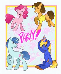 Size: 749x900 | Tagged: safe, artist:goldenage2049, derpibooru import, cheese sandwich, party favor, pinkie pie, oc, earth pony, pony, unicorn, g4, female, horn, male, mare, party trio, solo, stallion