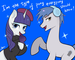 Size: 3074x2442 | Tagged: safe, artist:goldenage2049, derpibooru import, rarity, oc, oc:the living tombstone, earth pony, pony, unicorn, g4, beatnik rarity, beret, blue background, clothes, duo, duo male and female, earth pony oc, female, hat, headphones, horn, male, mare, simple background, song reference, sparkles, stallion, sweater, turtleneck