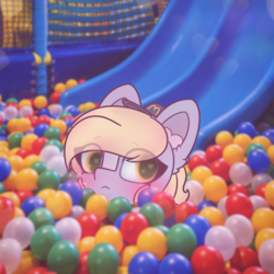 Size: 2664x2664 | Tagged: safe, artist:sodapop sprays, derpibooru import, part of a series, part of a set, derpy hooves, pegasus, pony, series:derpy can't catch a break, g4, ball pit, ear fluff, ears, eye clipping through hair, female, hat, mcdonald's