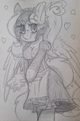 Size: 1153x1742 | Tagged: safe, artist:aryn, derpibooru import, oc, oc only, oc:awya lightfeather, pegasus, pony, semi-anthro, blushing, clothes, dress, duster, looking at you, maid, monochrome, pegasus oc, ponytail, smiling, smiling at you, traditional art