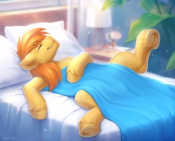 Size: 2048x1656 | Tagged: safe, artist:scheadar, derpibooru import, braeburn, earth pony, pony, g4, bed, eyes closed, frog (hoof), lying down, male, on back, pillow, raised leg, sheet, sleeping, stallion, underhoof