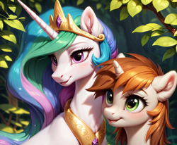 Size: 1024x843 | Tagged: safe, ai content, derpibooru import, generator:pony diffusion v6 xl, generator:stable diffusion, machine learning generated, princess celestia, oc, oc:littlepip, alicorn, pony, unicorn, fallout equestria, g4, duo, duo female, female, horn, mare, prompter:teonanakatle