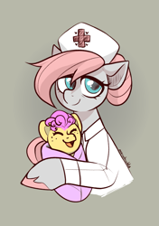 Size: 2039x2894 | Tagged: safe, artist:marsel1nushka, derpibooru import, li'l cheese, nurse redheart, earth pony, pony, g4, baby, baby pony, duo, female, foal, mare, smiling, swaddled baby, tired, unshorn fetlocks