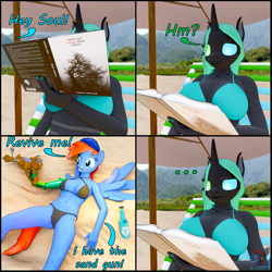 Size: 3900x3900 | Tagged: safe, artist:kamimation, derpibooru import, oc, oc only, oc:kam pastel, oc:soul seeker, anthro, changeling, pegasus, annoyed, beach, beach chair, big breasts, bikini, book, breasts, chair, clothes, hat, lying down, multicolored eyes, on back, raygun, reading, sand, sitting, smiling, soda, spread wings, swimsuit, text, umbrella, unamused, watermark, wings