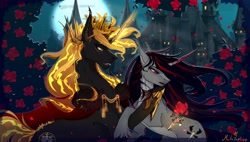 Size: 4500x2560 | Tagged: safe, artist:martazap3, derpibooru import, oc, oc only, pony, undead, unicorn, vampire, castle, crown, female, garden, horn, jewelry, king, love, male, mare, night, oc x oc, regalia, rosepet, shipping, smiling