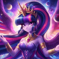 Size: 1024x1024 | Tagged: safe, ai content, derpibooru import, generator:bing image creator, generator:dall-e 3, machine learning generated, twilight sparkle, twilight sparkle (alicorn), alicorn, human, empress, humanized, prompter:mysticsunrise87, ultimate twilight