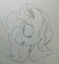 Size: 2909x3119 | Tagged: safe, derpibooru import, pinkie pie, earth pony, pony, blushing, heart, heart ears, heart eyes, looking at something, monochrome, open mouth, original art, original style, pencil drawing, profile, sketch, smiling, traditional art, wingding eyes