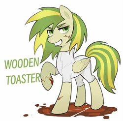 Size: 1099x1080 | Tagged: safe, artist:goldenage2049, derpibooru import, oc, oc only, oc:wooden toaster, pegasus, pony, fanfic:rainbow factory, blood, fanfic art, female, mare, pegasus oc, puddle, simple background, smiling, song reference, white background