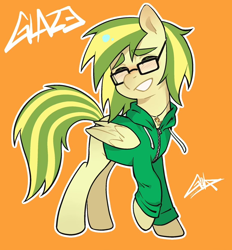 Size: 1080x1163 | Tagged: safe, artist:goldenage2049, derpibooru import, carrot top, golden harvest, oc, oc only, oc:wooden toaster, earth pony, pegasus, pony, g4, clothes, eyes closed, female, glasses, hoodie, jewelry, mare, necklace, orange background, pegasus oc, simple background, smiling, solo