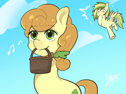 Size: 2732x2048 | Tagged: safe, artist:goldenage2049, derpibooru import, carrot top, golden harvest, oc, oc:wooden toaster, earth pony, pegasus, pony, g4, basket, carrot, cloud, duo, duo female, emanata, eyebrows, eyebrows visible through hair, female, food, mare, mouth hold, music notes, outdoors, pegasus oc, sky, spread wings, wings