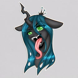 Size: 2560x2560 | Tagged: safe, artist:murny, derpibooru import, queen chrysalis, changeling, g4, bust, digital art, forked tongue, gray background, long tongue, portrait, simple background, solo, tongue, tongue out