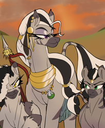 Size: 4000x4897 | Tagged: safe, artist:2hrnap, derpibooru import, oc, oc only, oc:matriarch zeg'us, zebra, angry, female, hair over one eye, height difference, larger female, lidded eyes, looking at you, mare, scowl, size difference, smaller female, tall, trio, trio female, zebra oc