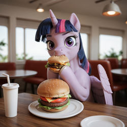 Size: 1024x1024 | Tagged: safe, ai content, derpibooru import, machine learning generated, twilight sparkle, twilight sparkle (alicorn), alicorn, pony, anonymous prompter, burger, cup, diner, eating, feathered wings, female, food, hamburger, looking at you, mare, partially open wings, plate, realistic, straw, table, that pony sure does love burgers, twilight burgkle, unshorn fetlocks, wings