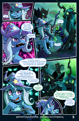 Size: 1004x1535 | Tagged: safe, artist:furufoo, artist:impamy, derpibooru import, queen chrysalis, trixie, changeling, pony, unicorn, comic:change of heart (furufoo), g4, cape, clothes, cloven hooves, comic, crowd, eyeshadow, fangs, female, feral, green eyes, hat, horn, magic, makeup, swarm, witch hat