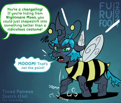 Size: 1000x850 | Tagged: source needed, safe, artist:furufoo, derpibooru import, oc, oc:changeling filly anon, changeling, insect, g4, animal costume, bee costume, clothes, costume, dialogue, female, filly, foal, halloween, holiday, implied queen chrysalis