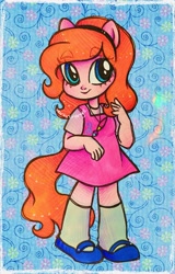 Size: 2077x3249 | Tagged: safe, artist:dariarchangel, derpibooru import, oc, oc only, oc:dazha, human, equestria girls, g4, abstract background, adorable face, big eyes, blue eyes, chubby, clothes, cute, cute face, cute smile, cutie mark on clothes, dress, equestria girls oc, equestria girls-ified oc, eyebrows, eyebrows visible through hair, female, female oc, hairband, jewelry, little girl, long socks, necklace, ocbetes, orange hair, patterned background, pendant, pink dress, pink skin, ponied up, pony ears, shirt, shoes, shortie, smiling, smol, socks, solo, standing, t-shirt, thick eyebrows, traditional art