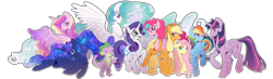 Size: 3712x1080 | Tagged: safe, artist:kag-bag, derpibooru import, applejack, fluttershy, pinkie pie, princess cadance, princess celestia, princess luna, rainbow dash, rarity, spike, twilight sparkle, twilight sparkle (alicorn), alicorn, dragon, earth pony, pegasus, pony, unicorn, g4, female, hat, horn, mane seven, mane six, mare, open mouth, outline, simple background, white background