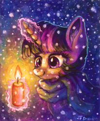 Size: 2221x2699 | Tagged: safe, artist:drawirm, derpibooru import, twilight sparkle, pony, g4, candle, clothes, female, glowing, glowing horn, horn, magic, mare, scarf, smiling, snow, solo, telekinesis, traditional art