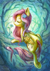 Size: 2059x2912 | Tagged: safe, artist:drawirm, derpibooru import, fluttershy, pegasus, pony, g4, backlighting, cute, eyes closed, female, flower, flower in hair, frog (hoof), mare, profile, shyabetes, solo, tree, underhoof