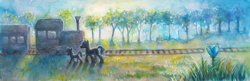 Size: 4311x1391 | Tagged: safe, artist:drawirm, derpibooru import, oc, oc only, oc:everbloom, oc:happy hour, pony, fanfic:queen heart, fanfic art, grass, illustration, railroad, scenery, traditional art, train, train tracks, tree, walking, watercolor painting