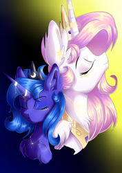 Size: 1280x1811 | Tagged: safe, artist:natanvok, derpibooru import, princess celestia, princess luna, alicorn, pony, g4, bust, crown, duo, duo female, eyes closed, female, gradient background, horn, horn jewelry, jewelry, necklace, peytral, pink-mane celestia, portrait, regalia, royal sisters, siblings, sisters, younger