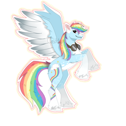 Size: 1280x1280 | Tagged: safe, artist:caitlynsarts, derpibooru import, rainbow dash, pegasus, pony, g4, female, goggles, mare, rearing, redesign, signature, simple background, smiling, solo, spread wings, unshorn fetlocks, white background, wings