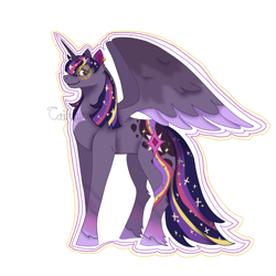 Size: 1280x1280 | Tagged: safe, artist:caitlynsarts, derpibooru import, twilight sparkle, twilight sparkle (alicorn), alicorn, pony, g4, colored wings, colored wingtips, ear piercing, female, glasses, mare, piercing, profile, redesign, signature, simple background, smiling, solo, unshorn fetlocks, white background, wings