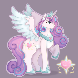 Size: 1280x1280 | Tagged: safe, artist:caitlynsarts, derpibooru import, princess flurry heart, alicorn, pony, g4, crown, female, hoof shoes, jewelry, mare, older, older flurry heart, peytral, profile, raised hoof, raised leg, regalia, signature, simple background, smiling, solo, spread wings, wings