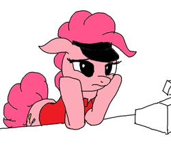 Size: 731x622 | Tagged: artist needed, source needed, safe, derpibooru import, pinkie pie, earth pony, pony, g4, black sclera, bored, cash register, cashier, female, head in hooves, mare, simple background, solo, visor cap, white background