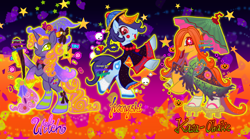 Size: 2048x1141 | Tagged: safe, artist:eyerealm, artist:junglicious64, derpibooru import, oc, oc only, oc:jiangshi, oc:kasa-obake, oc:witch, earth pony, ghost, ghost pony, original species, pony, spider, undead, unicorn, vampire, vampony, youkai, collaboration, abstract background, accessory, adoptable, adoptable open, beads, beauty mark, big eyes, bloodshot eyes, blue coat, blushing, bow, braid, braided ponytail, broom, candy, cape, clothes, coat markings, colored eyelashes, colored fetlocks, colored hooves, colored lineart, colored pupils, colorful, curly hair, curly mane, curly tail, dirty hooves, ears, earth pony oc, ethereal mane, eyelashes, eyeshadow, eyestrain warning, fangs, female, food, for sale, frilly socks, geta, glowing, glowing mane, glowing outline, glowing tail, golden eyes, gradient background, gradient legs, gradient mane, gradient tail, green eyelashes, green hooves, green pupils, hair accessory, hair bow, halloween, hat, holiday, hoof hold, hoof shoes, hooves, horn, jewelry, jiangshi, kasa-obake, kimono (clothing), leg markings, light blue coat, long mane, long tail, long tongue, looking away, looking back, looking down, looking up, makeup, mane accessory, mare, necklace, one eye closed, open mouth, open smile, orange coat, orange mane, orange tail, outline, paper talisman, pink mane, pink sclera, pink tail, ponytail, profile, purple coat, purple eyeshadow, purple mane, purple pupils, purple tail, raised hoof, raised hooves, raised leg, rearing, red bow, red eyelashes, red pupils, robe, running makeup, sandals, sash, shoes, signature, skull, smiling, socks, socks with sandals, sparkles, sparkly eyes, sparkly mane, sparkly tail, spider web, standing, standing on one leg, starry eyes, starry mane, starry tail, stars, striped socks, swirls, swirly markings, tail, talisman, three quarter view, tied mane, tongue, tongue out, torn clothes, trio, trio female, two toned eyes, umbrella, unicorn horn, unicorn oc, unshorn fetlocks, wagasa, wall of tags, wingding eyes, wink, witch, witch hat, witch pony