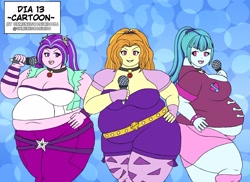 Size: 2200x1603 | Tagged: safe, artist:unmenesconicido, derpibooru import, adagio dazzle, aria blaze, sonata dusk, human, equestria girls, g4, adagiazonga dazzle, adagio wobble, aria bazookas, aria blob, belly, belly button, big belly, breasts, busty dazzlings, cleavage, clothes, fat, female, microphone, no pupils, obese, sonata bust, sonatubby, the dazzlings, trio, trio female