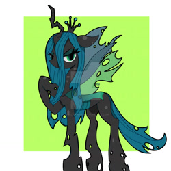 Size: 1280x1280 | Tagged: safe, artist:analisamaria, derpibooru import, queen chrysalis, changeling, changeling queen, g4, deviantart watermark, ears back, female, hoof on chest, obtrusive watermark, passepartout, solo, watermark