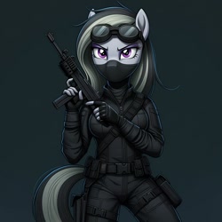 Size: 1024x1024 | Tagged: safe, ai content, derpibooru import, machine learning generated, marble pie, anthro, series:g.i. pony: a real equestrian hero, g4, clothes, cosplay, costume, female, fingerless gloves, g.i. joe, generator:google imagen 3.0, gloves, goggles, gradient background, gun, prompter:zerowinger, ski mask, snake eyes, solo, submachinegun, uzi, weapon