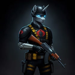 Size: 1024x1024 | Tagged: safe, ai content, derpibooru import, machine learning generated, anthro, pony, robot, robot pony, unicorn, series:g.i. pony: a real equestrian hero, ak, ak-47, assault rifle, clothes, cobra b.a.t.s, cobra the enemy, cosplay, costume, g.i. joe, generator:google imagen 3.0, glowing, glowing eyes, gradient background, gun, horn, military uniform, prompter:zerowinger, rifle, solo, uniform, weapon