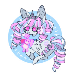 Size: 829x859 | Tagged: safe, artist:cutesykill, derpibooru import, oc, oc only, oc:princess marshmallow, alicorn, pony, alicorn oc, alternate eye color, bangs, big ears, big eyes, blue sclera, circle background, coat markings, colored muzzle, colored pinnae, colored sclera, concave belly, dark muzzle, decapitated, ears, eyelashes, facial markings, female, female oc, floating head, folded wings, frown, head turn, horn, jewelry, lace, long legs, looking at you, mare, mare oc, mouth hold, no mouth, pigtails, pink eyes, plushie, princess, princess oc, ringlets, simple background, slit eyes, small horn, snip (coat marking), solo, sparkles, standing, thick eyelashes, three quarter view, three toned mane, three toned tail, tiara, twintails, unicorn horn, unusual pupils, white background, white coat, white pupils, wide eyes, wings