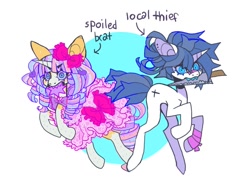 Size: 1000x765 | Tagged: safe, artist:cutesykill, derpibooru import, oc, oc only, oc:bubblebite, oc:kalyna, monster pony, pony, unicorn, arrow, bandage, bandaged leg, bandaid, beanbrows, big ears, blaze (coat marking), blue mane, blue sclera, blue tail, blue teeth, bow, bowtie, circle background, clothes, coat markings, colored eyelashes, colored hooves, colored horn, colored sclera, colored teeth, colorful, concave belly, cyan teeth, dress, duo, duo female, ear piercing, earring, ears, eyebrows, eyebrows visible through hair, facial markings, fangs, female, female oc, friends, frilly, frilly dress, hair accessory, hair bow, hairclip, holding a knife, hooves, horn, jewelry, leg markings, leonine tail, mane accessory, mare, mare oc, mealy mouth (coat marking), mouth hold, multicolored mane, multicolored tail, narrowed eyes, neck bow, no catchlights, orange coat, piercing, pink dress, purple eyelashes, purple teeth, raised hoof, raised leg, rearing, rectangular pupil, ringlets, sharp teeth, simple background, slender, socks (coat marking), spiky mane, spiky tail, tail, tail bow, teeth, text, thick eyelashes, thin, threat, three quarter view, two toned eyes, unicorn horn, unicorn oc, unusual pupils, wall of tags, white background