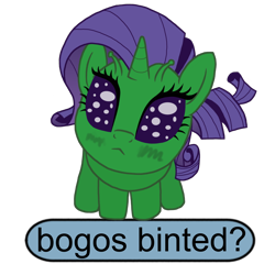 Size: 2048x2048 | Tagged: safe, artist:sewaddle36, derpibooru exclusive, derpibooru import, rarity, alien, pony, unicorn, g4, antennae, female, head tilt, horn, meme, rarigreen, simple background, sitting, solo, text, transparent background