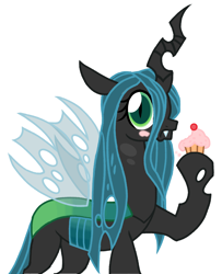 Size: 3024x3722 | Tagged: safe, artist:chaosimp2006, derpibooru import, queen chrysalis, changeling, g4, season 9, cupcake, eating, food, food on face, looking at you, simple background, solo, white background