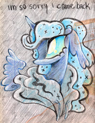 Size: 1883x2436 | Tagged: safe, artist:larvaecandy, derpibooru import, princess luna, alicorn, pony, g4, big eyes, blue coat, blue eyes, blue mane, blue sclera, bust, cats millionaire, cloak, clothes, colored pencil drawing, colored sclera, ear fluff, ears, ethereal mane, eyelashes, female, floppy ears, flowing mane, horn, long ears, lyrics, mare, profile, small horn, small wings, solo, sparkles, sparkly mane, spread wings, starry mane, text, traditional art, unicorn horn, wavy mane, wings