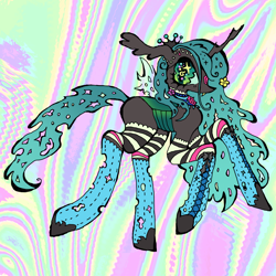 Size: 2048x2048 | Tagged: safe, artist:larvaecandy, derpibooru import, queen chrysalis, changeling, changeling queen, g4, abstract background, big eyes, black body, blue sclera, blue socks, changeling wings, choker, clothes, colored, colored sclera, crown, ears, eyelashes, fangs, female, flat colors, floppy ears, gem, gradient eyes, gradient mane, gradient tail, green eyes, high res, hoofless socks, horn, insect wings, jewelry, lace choker, long ears, long horn, long legs, long mane, long socks, long tail, mare, multicolored background, no mouth, ponymania, profile, raised hooves, raised leg, regalia, slender, small wings, socks, solo, sparkles, sparkly eyes, spread wings, standing, standing on one leg, stockings, striped socks, tail, thigh highs, thin, toy interpretation, wingding eyes, wings