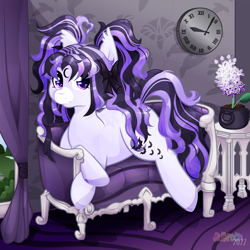 Size: 4656x4656 | Tagged: source needed, safe, artist:audreen, derpibooru import, oc, bat pony, bat pony oc, clock, curtains, end table, flower, lavender, potted plant, sofa, wall clock